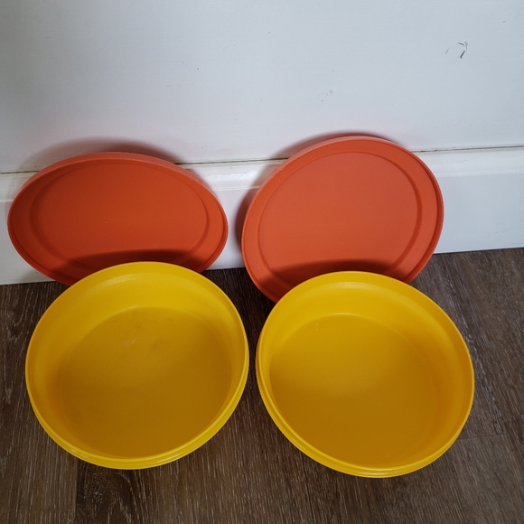Vintage Tupperware Seal N Serve Travel Plate & Bowl Yellow Orange set of 2 - Picture 7 of 8